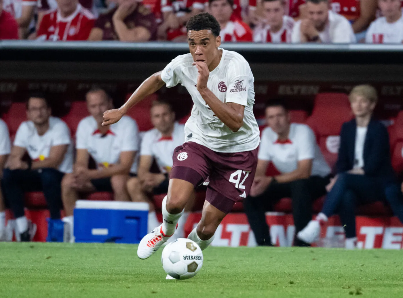 12 August 2023, Bavaria, Munich: Soccer: DFL Supercup, Bayern Munich - RB Leipzig at the Allianz Arena. Jamal Musiala of Munich in action. Photo: Sven Hoppe/dpa - Photo by Icon sport